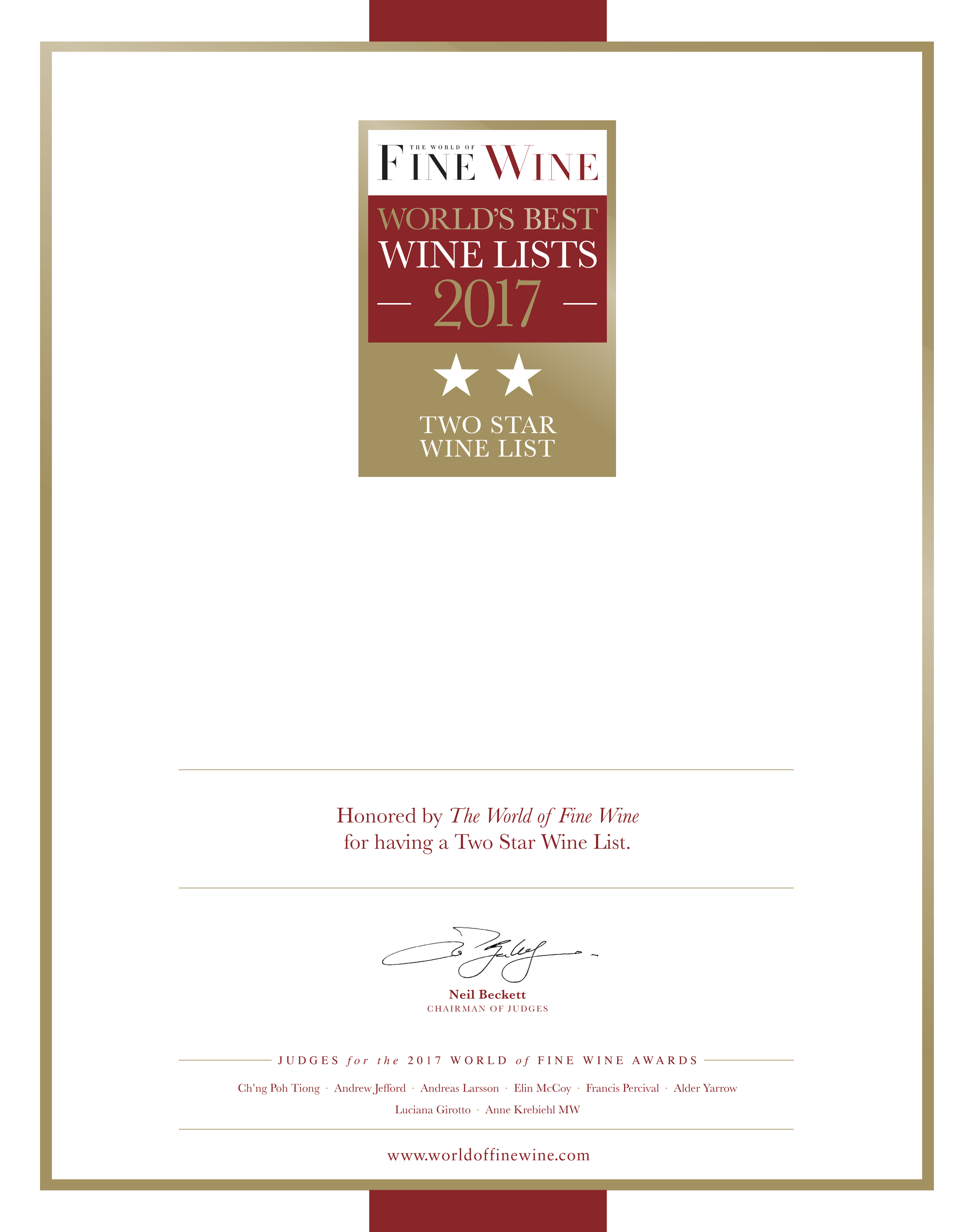 Wine List Awards Certificate Example